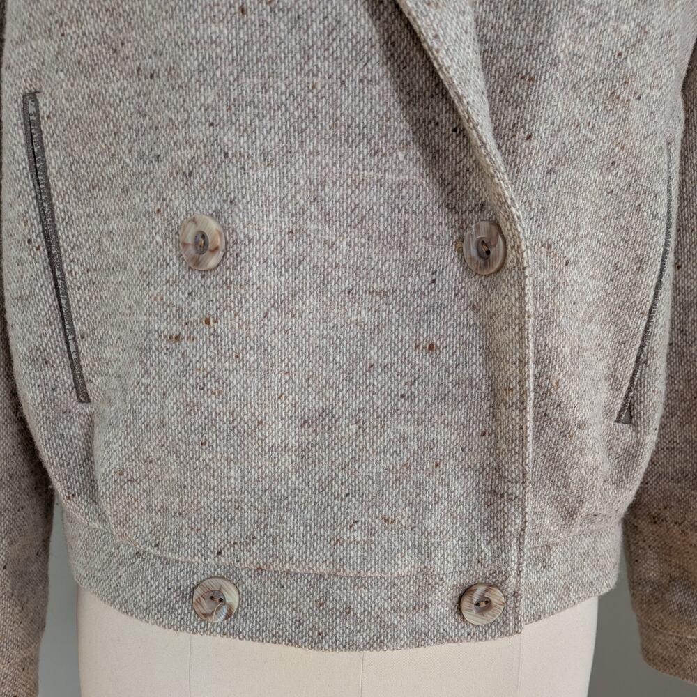 Vintage Wool Blazer Jacket 14 Tan Beige Tweed Double Breasted 80S Uk Cropped - Picture 7 of 15